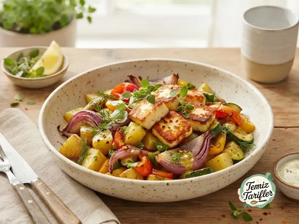 Disfruta de Cuencos de Verduras con Limón y Halloumi Frito en Casa
