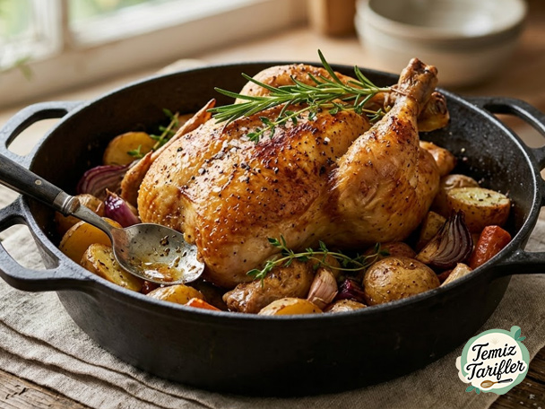 Pollo entero lleno de sabor en una olla de hierro fundido